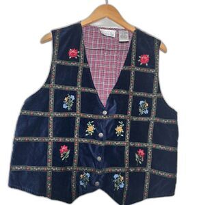 Casey & Max VTG Vest Top sz XL Cottagecore Retro Floral Embroidered Velvet Blue